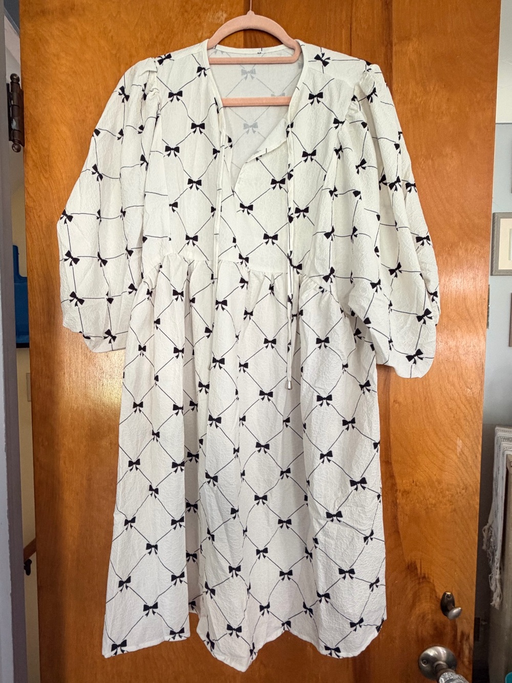 Women's Cream Long-Sleeve Bow-Print Dress